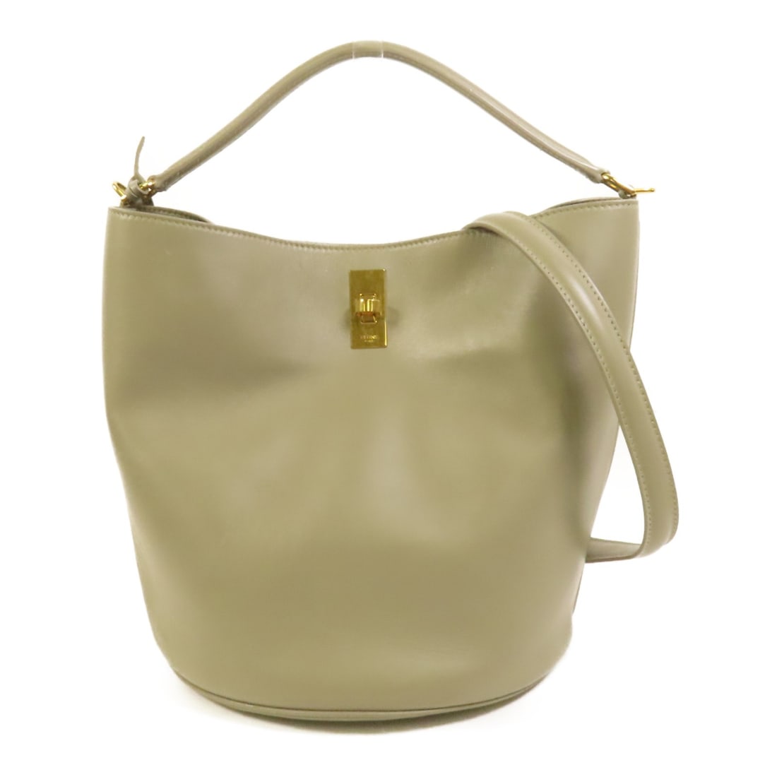 Celine Bucket 16 Green Calfskin Leather Shoulder Bag with Gold Hardware: Celine Bucket 16 Green Calfskin Leather Shoulder Bag with Gold Hardware This Celine 2-way shoulder bag features a versatile bucket design crafted from calfskin leather in green. The bag includes both