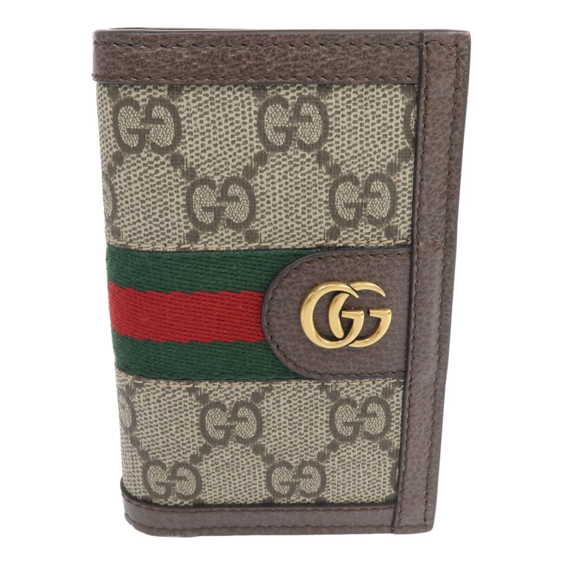Brown Coated Canvas Gucci GG Card Holder with Gold Hardware: Brown Coated Canvas Gucci GG Card Holder with Gold Hardware This GUCCI card case features a brown PVC coated canvas exterior and gold tone hardware. Made in Italy, it offers a compact and stylish solu