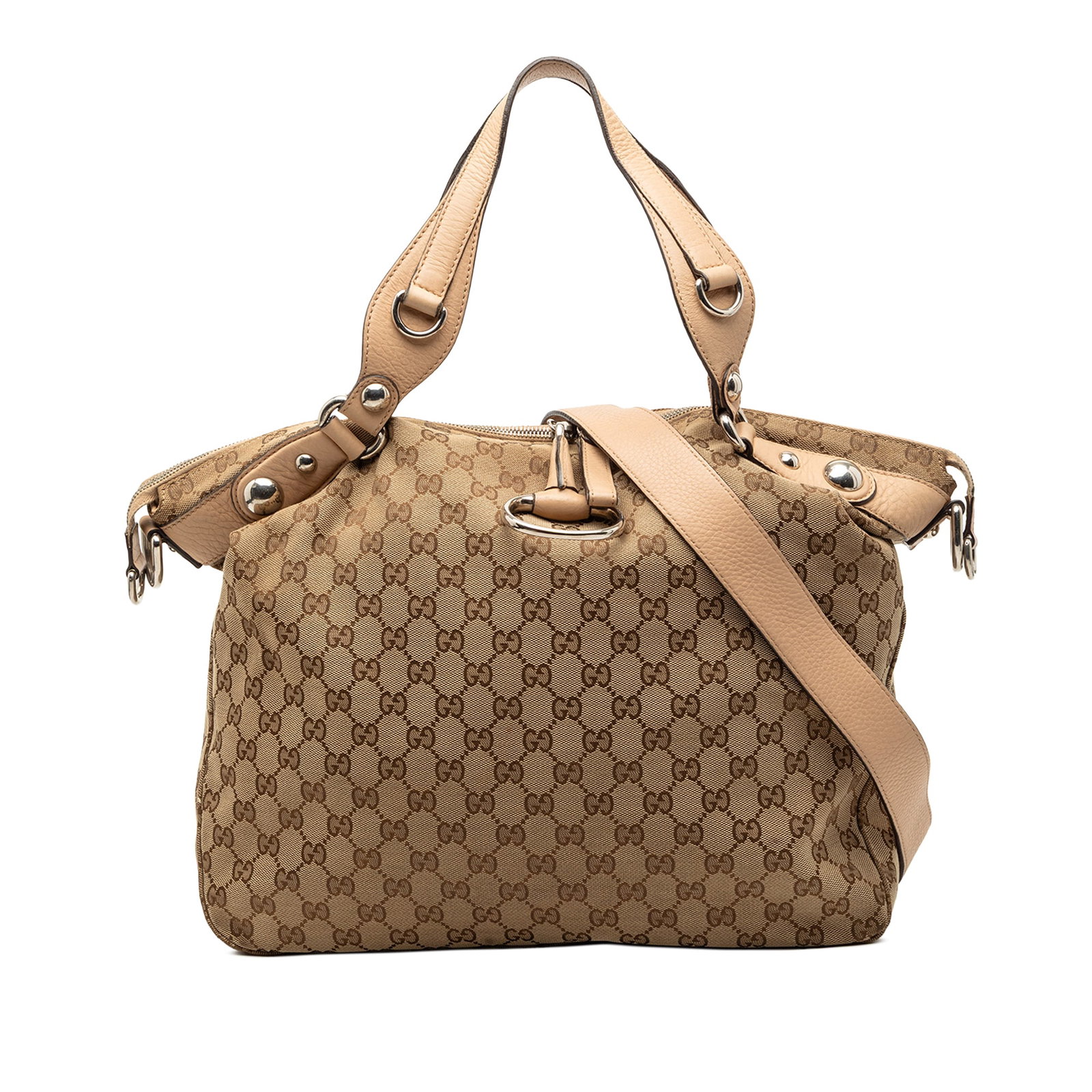 Gucci GG Canvas Icon Bit Beige Satchel with Leather Trim and Strap: Gucci GG Canvas Icon Bit Beige Satchel with Leather Trim and Strap This Gucci Large GG Canvas Icon Bit Satchel features a beige canvas body with leather trim, flat leather handles, a detachable flat l