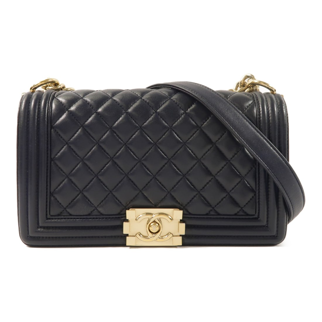 CHANEL Boy Shoulder Bag Lambskin Leather Navy with Gold Hardware: CHANEL Boy Shoulder Bag Lambskin Leather Navy with Gold Hardware This CHANEL Boy 25 chain shoulder bag features a classic design crafted from lambskin leather in a navy hue. The bag is accented with C