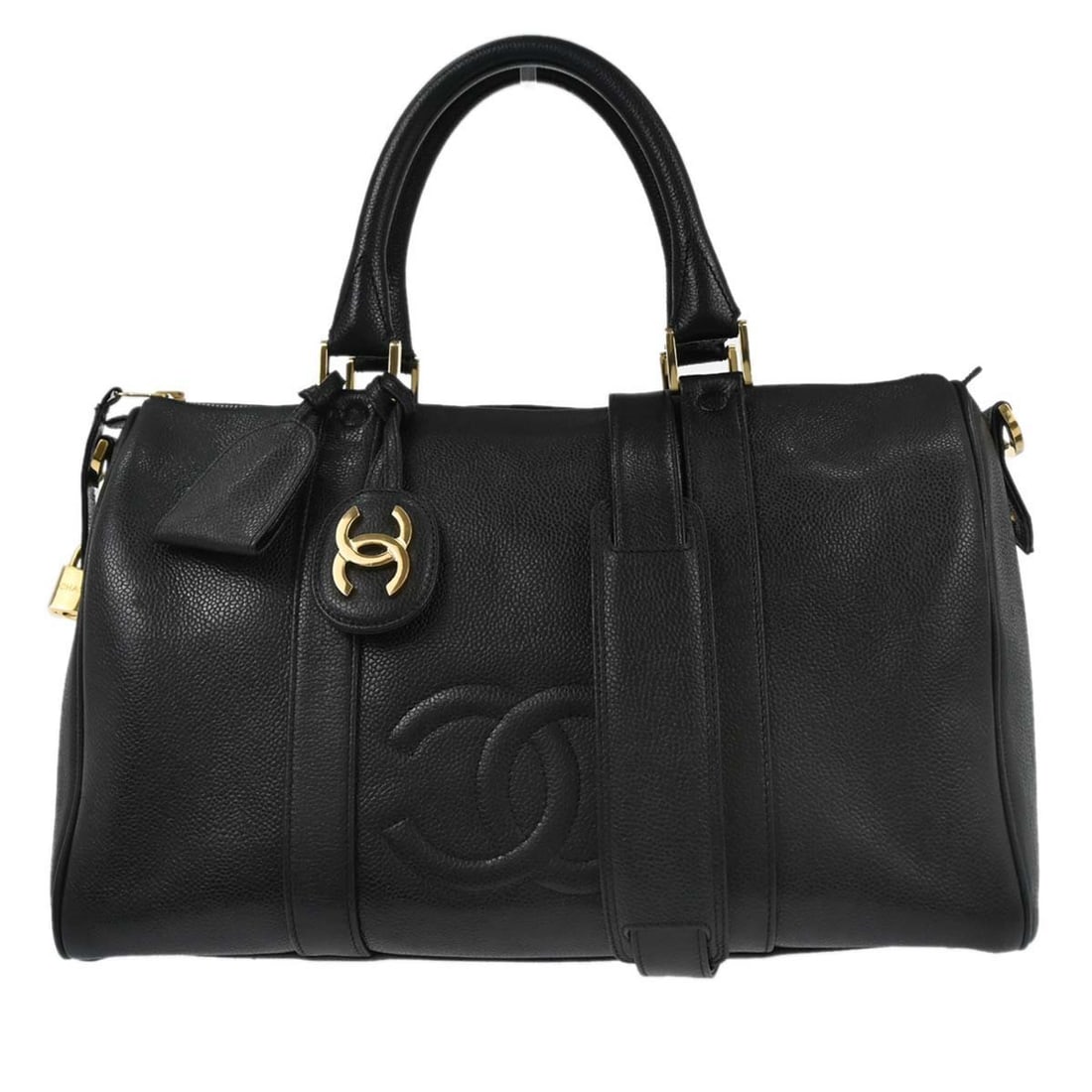 Chanel Medium Black Leather Duffle Bag with Double Handles and Gold Hardware: Chanel Medium Black Leather Duffle Bag with Double Handles and Gold Hardware This Chanel black calfskin leather duffle handbag features a versatile 2-way design and double handles. The bag is accented