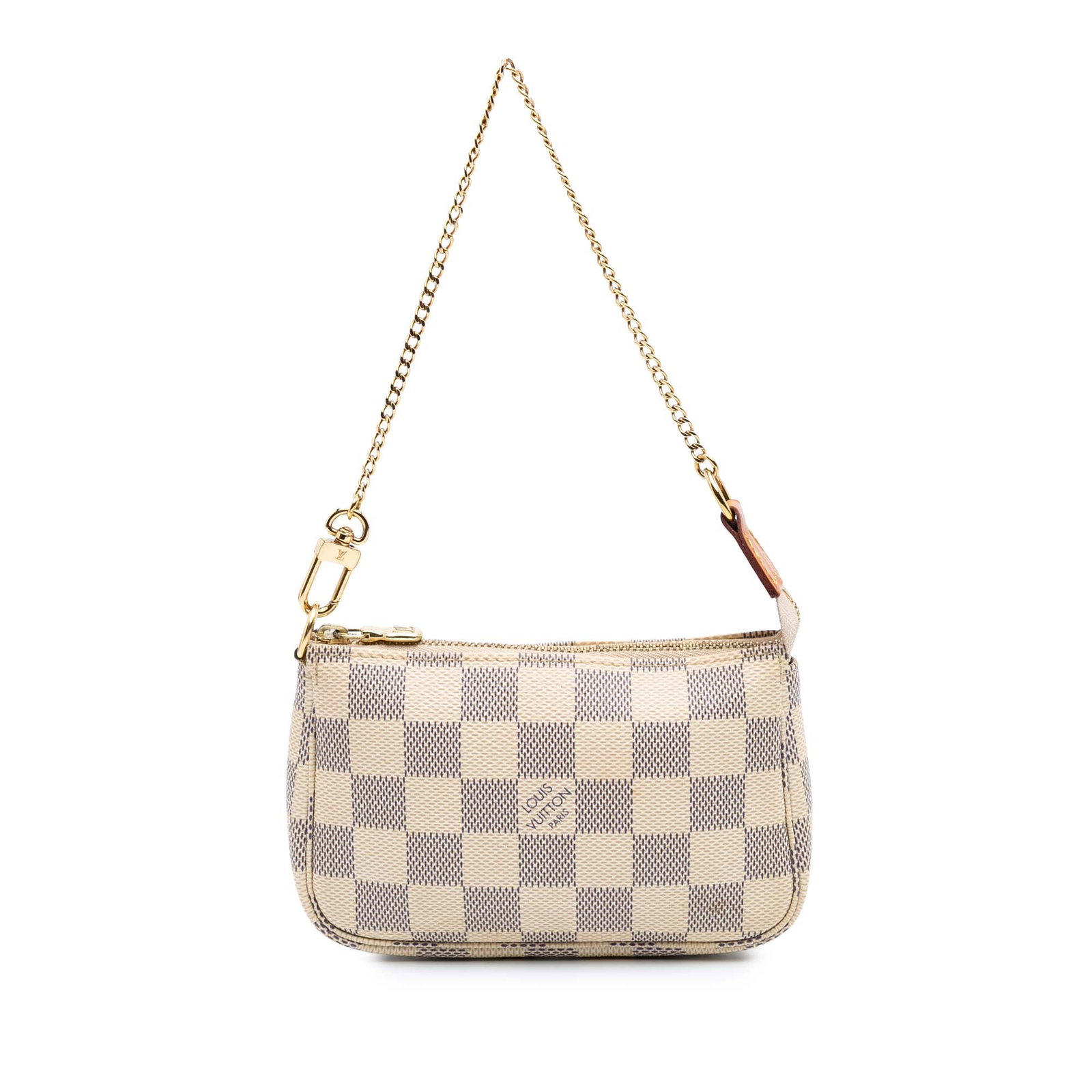 Louis Vuitton Damier Azur Mini Pochette with Chain Strap: Louis Vuitton Damier Azur Mini Pochette with Chain Strap The Louis Vuitton Damier Azur Mini Pochette Accessoires is a stylish and practical accessory crafted from durable damier azur canvas. This chic