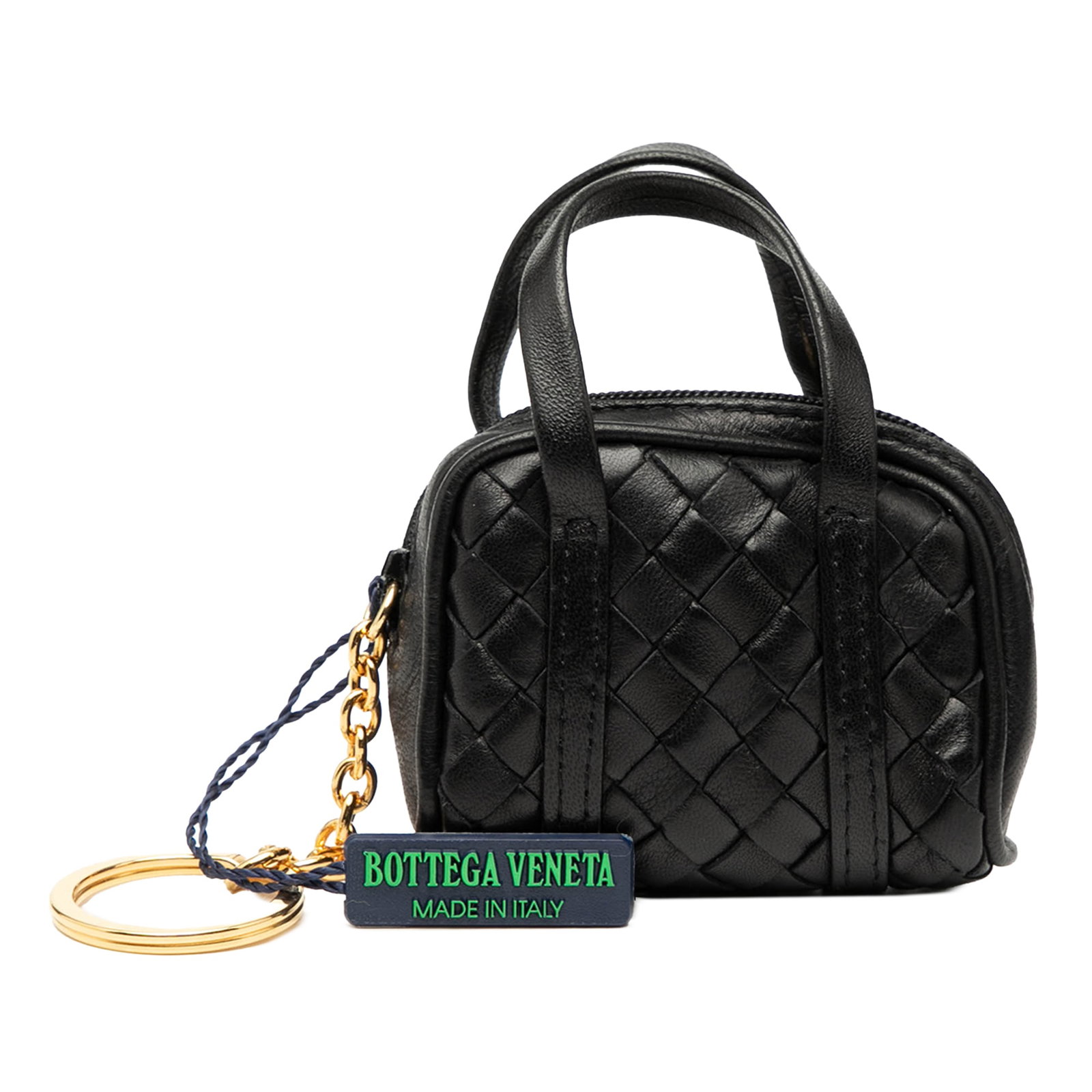 Leather Woven Pouch Key Holder Bag Charm by Bottega Veneta: Leather Woven Pouch Key Holder Bag Charm by Bottega Veneta This Bottega Veneta Nappa Intrecciato pouch key holder and bag charm features a woven leather exterior in black, a flat strap, a top zip clos