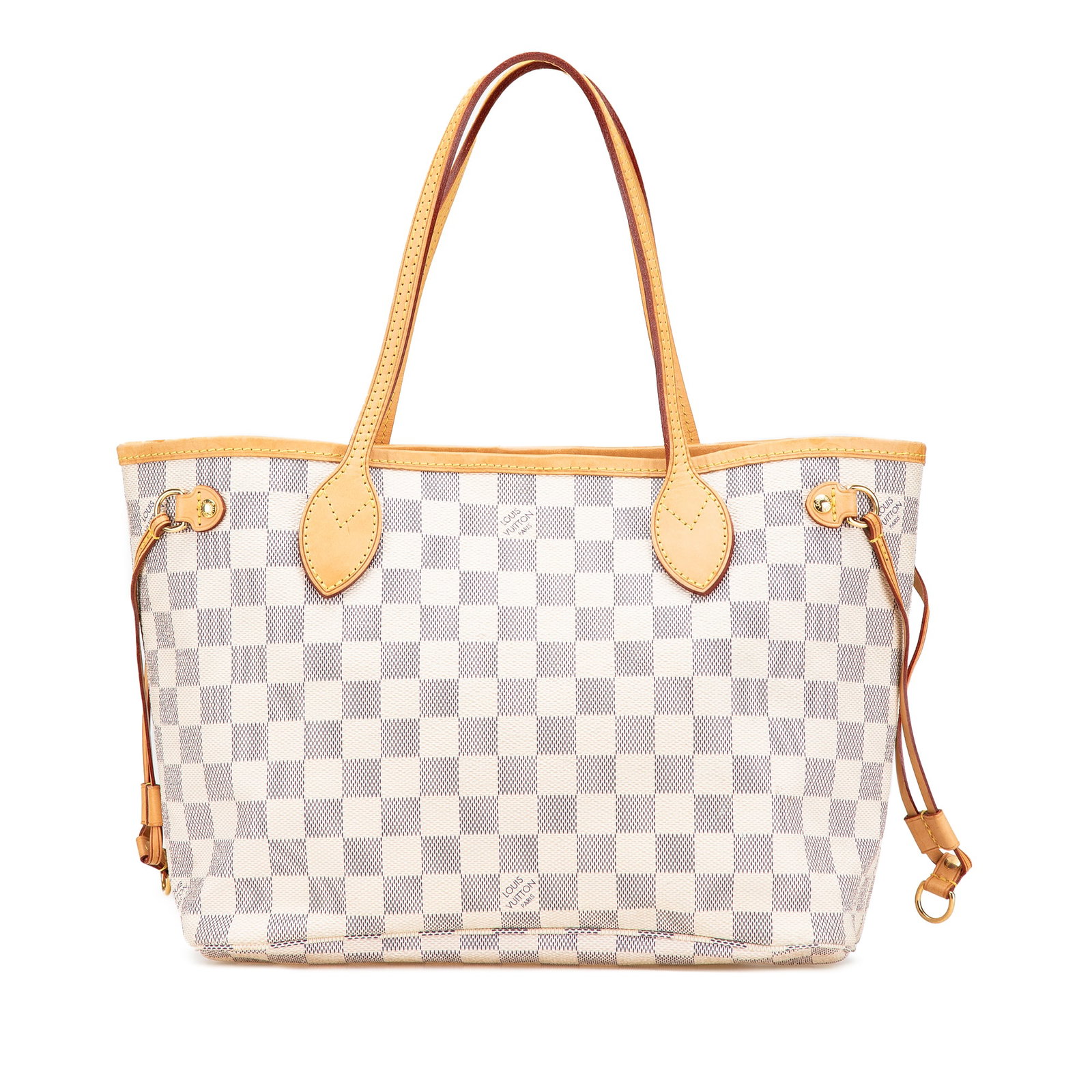 Louis Vuitton Damier Azur Neverfull PM Tote Bag White Canvas: Louis Vuitton Damier Azur Neverfull PM Tote Bag White Canvas The Louis Vuitton Damier Azur Neverfull PM is a stylish and practical tote bag crafted from durable damier canvas with vachetta leather tri