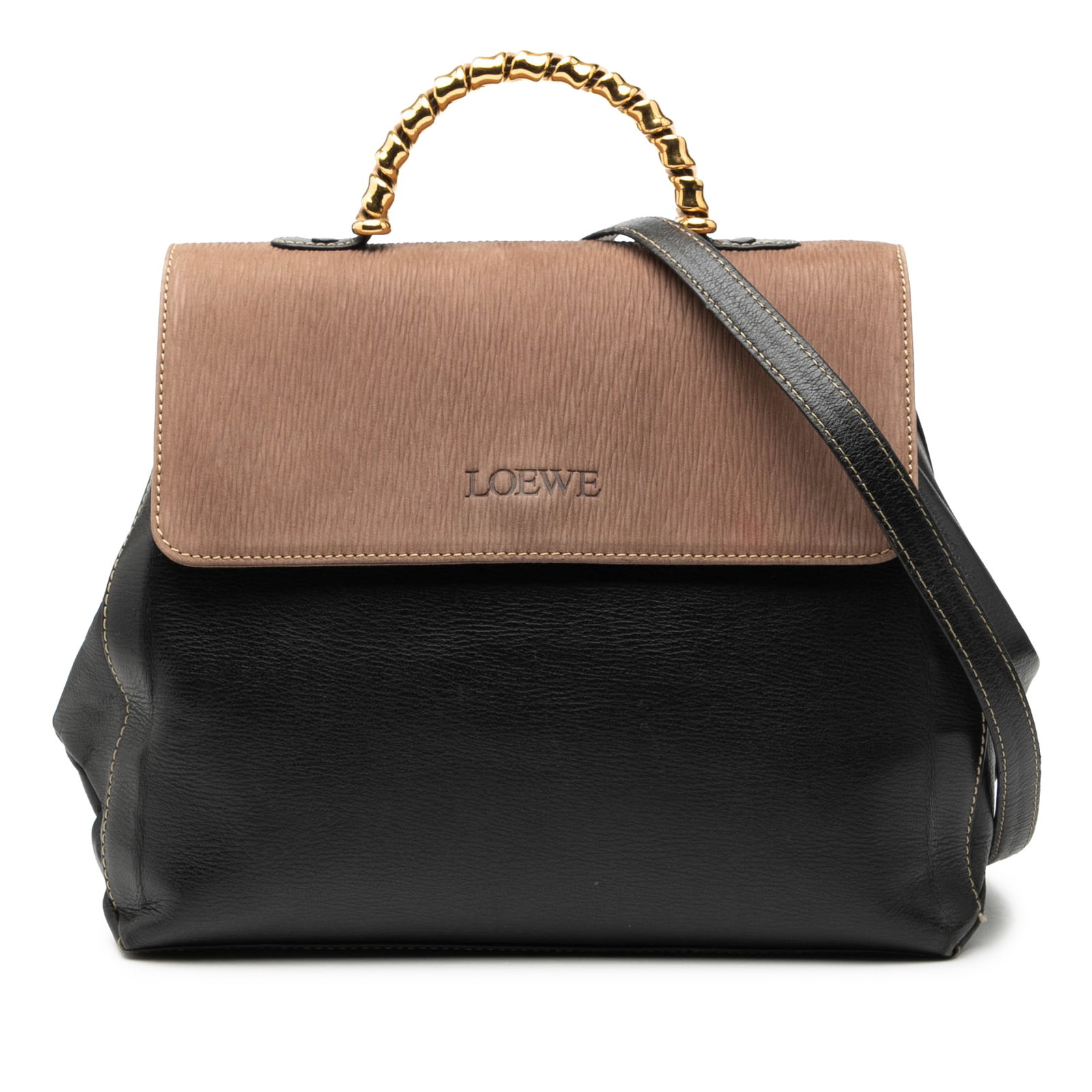 Velazquez Twist Black Leather Satchel with Detachable Strap by Loewe: Velazquez Twist Black Leather Satchel with Detachable Strap by Loewe This LOEWE Velazquez Twist satchel features a black leather body with rolled metal top hardware and a detachable flat leather strap