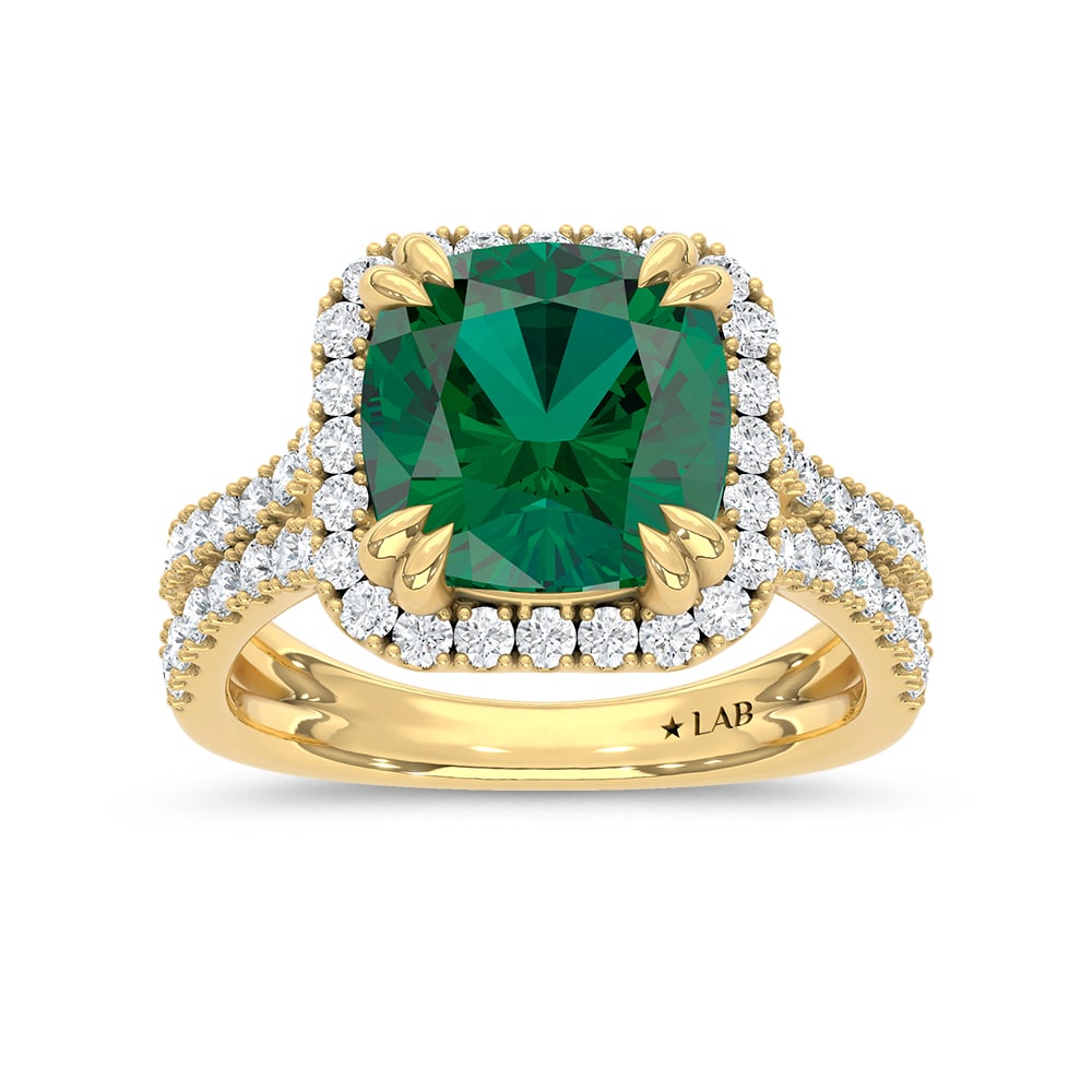 14K Yellow Gold Lab Grown Diamond 4 3/4 Ct.Tw. Cushion Shape Recrystalized Emerald Engagement Ring: 14K Yellow Gold Lab Grown Diamond 4 3/4 Ct.Tw. Cushion Shape Recrystalized Emerald Engagement Ring (Center 3 7/8 ct) Embrace timeless sophistication with this 14K yellow gold engagement ring. Its cent