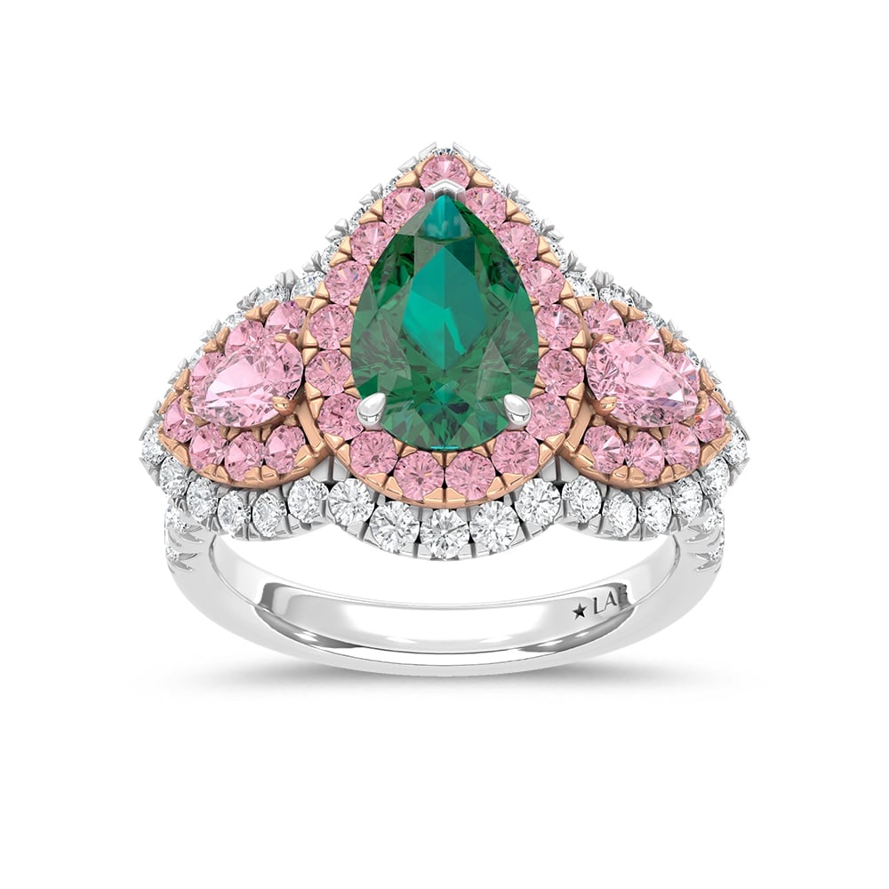14K Three Tone Lab Grown Diamond 4 1/6 Ct.Tw. Green Pear Engagement Ring (Center 2 ct): 14K Three Tone Lab Grown Diamond 4 1/6 Ct.Tw. Green Pear Engagement Ring (Center 2 ct) Exude sophistication with this 14K Two-Tone Gold Engagement Ring, featuring a dazzling 2-carat lab-grown green pe