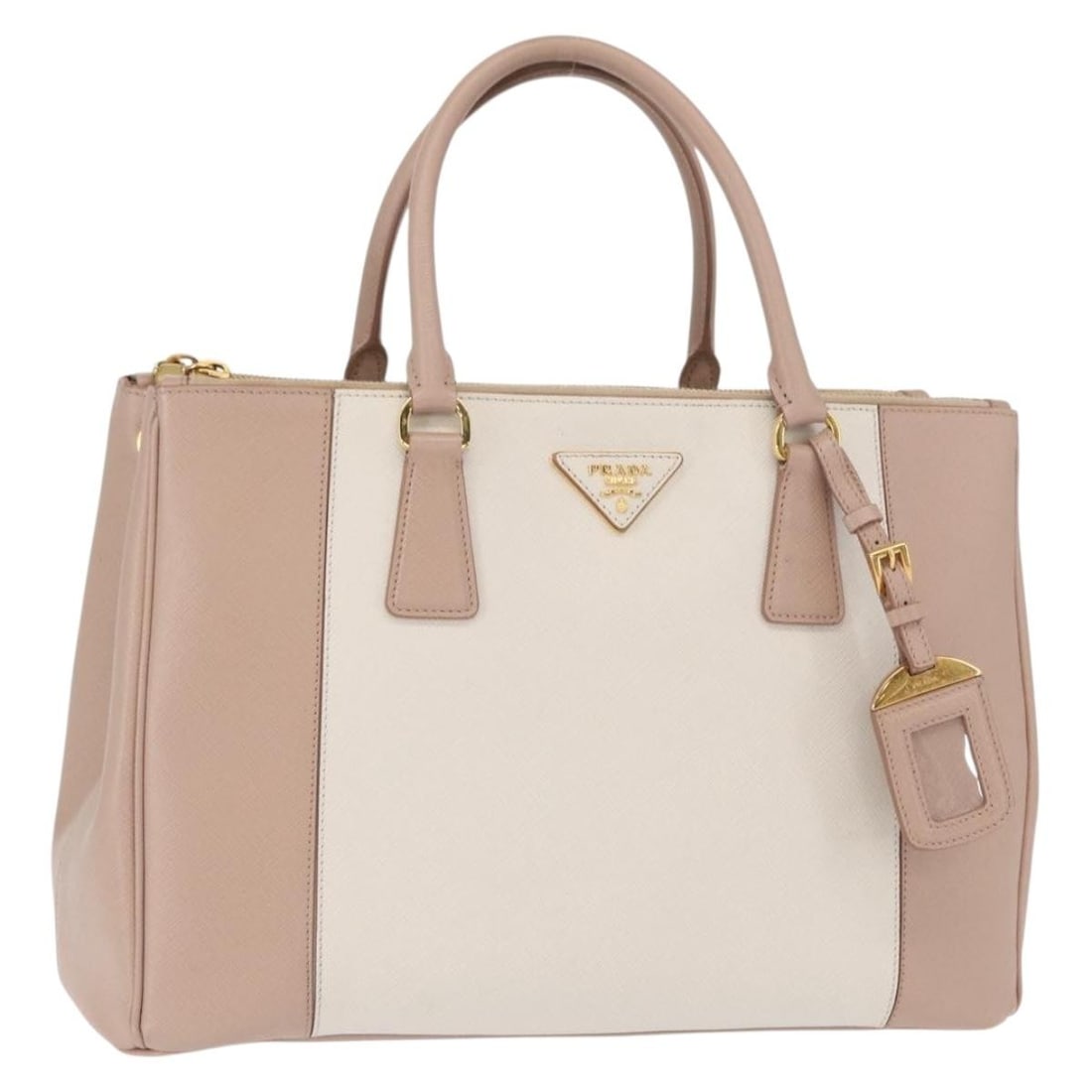 Prada Bicolor Saffiano Leather Tote Bag Double Zip Design: Prada Bicolor Saffiano Leather Tote Bag Double Zip Design This Prada Bicolor Double Zip Lux Tote is crafted from saffiano leather in a pink color, designed for women. It features a double zip closure