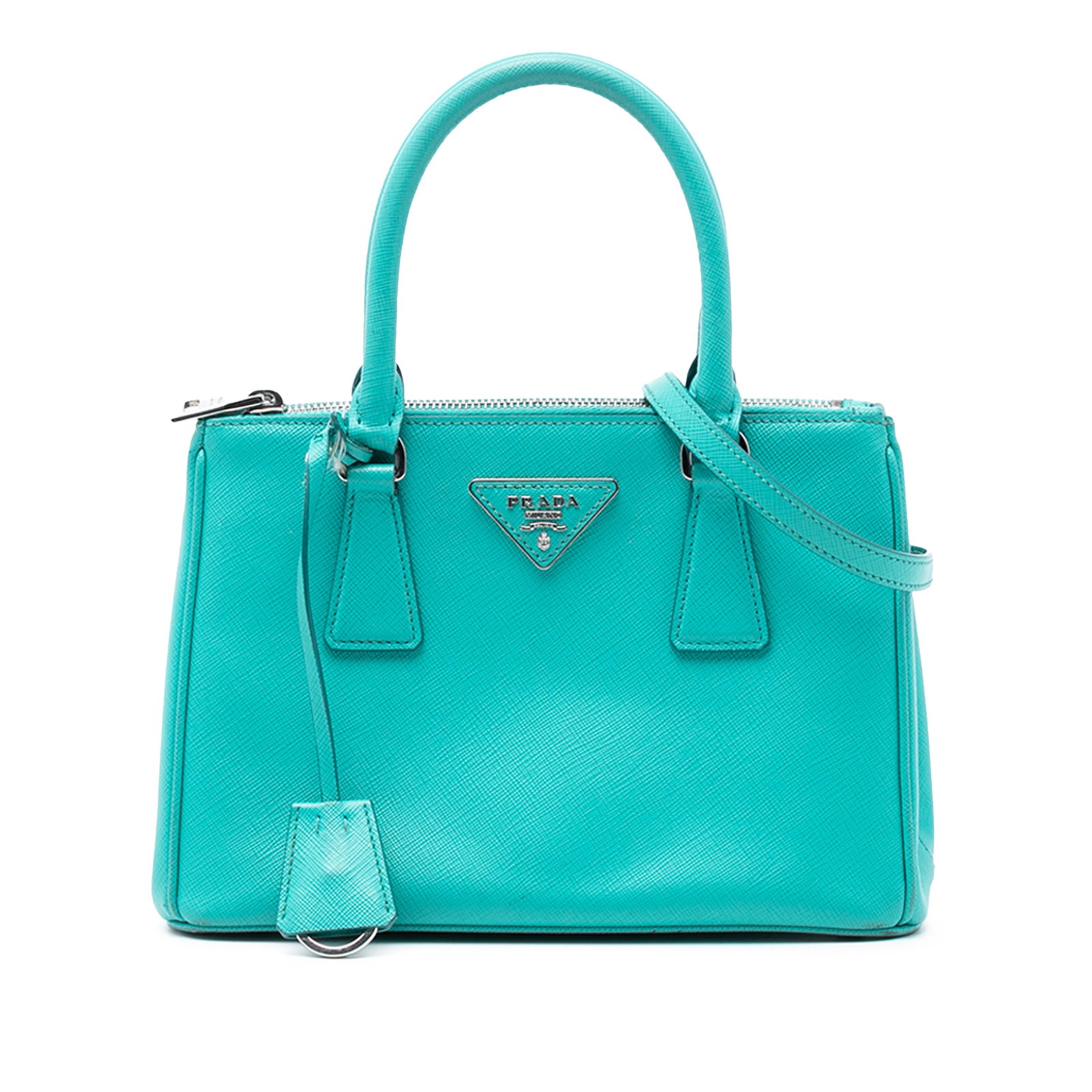Blue Prada Galleria Saffiano Leather Small Double Zip Satchel Bag: Blue Prada Galleria Saffiano Leather Small Double Zip Satchel Bag This Prada Small Saffiano Lux Galleria Double Zip Satchel features a blue saffiano leather body with rolled leather handles and a deta