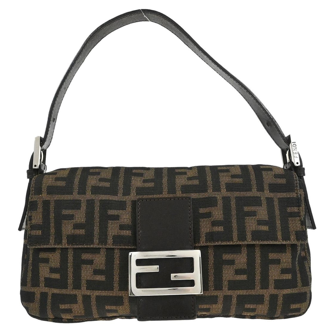 Fendi Zucca Brown Canvas Shoulder Baguette Bag with Silver Hardware: Fendi Zucca Brown Canvas Shoulder Baguette Bag with Silver Hardware This Fendi Brown Zucca Baguette Handbag features the iconic logo pattern on durable canvas with a medium-sized silhouette. It includ
