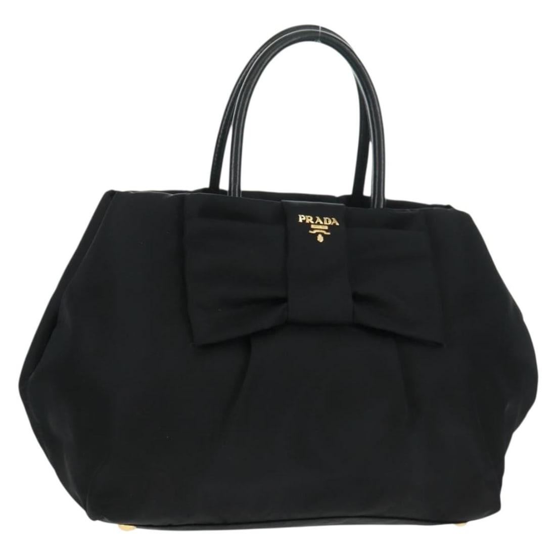 Prada Black Nylon and Leather Tote with Gold Accents: Prada Black Nylon and Leather Tote with Gold Accents This PRADA handbag is crafted from black nylon with gold-tone accents. Featuring a structured silhouette, it includes sturdy handles with an approx