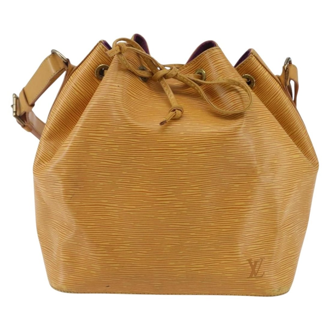 Yellow Epi Leather Louis Vuitton Petit Noe Shoulder Bag: Yellow Epi Leather Louis Vuitton Petit Noe Shoulder Bag This pre-owned Louis Vuitton Petit Noe handbag is crafted from yellow Epi leather and designed for female use. It features a classic bucket silh