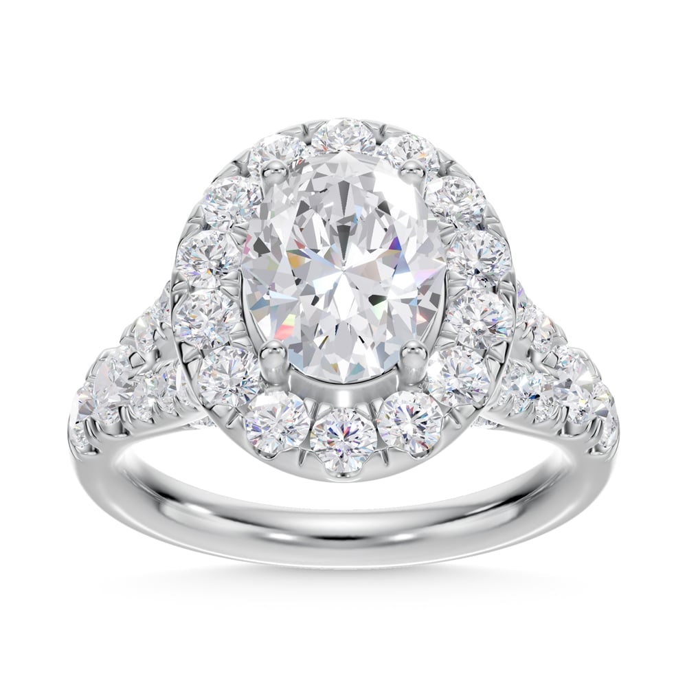 14K White Gold Lab Grown Diamond 3 3/8 Ct.Tw. Oval Shape Halo Engagement Ring: 14K White Gold Lab Grown Diamond 3 3/8 Ct.Tw. Oval Shape Halo Engagement Ring Celebrate your forever moment with the timeless brilliance of our Halo Diamond Engagement Ring. This exquisite piece featu