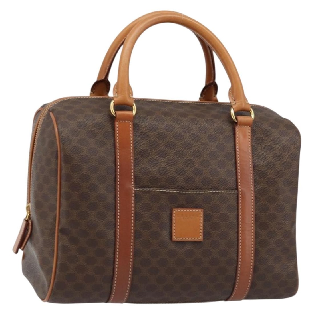 Celine Macadam Brown PVC Leather Boston Handbag with Gold Accents: Celine Macadam Brown PVC Leather Boston Handbag with Gold Accents This is a Celine Boston bag featuring the iconic Macadam canvas and brown PVC leather, accented with gold-tone details. The bag is des