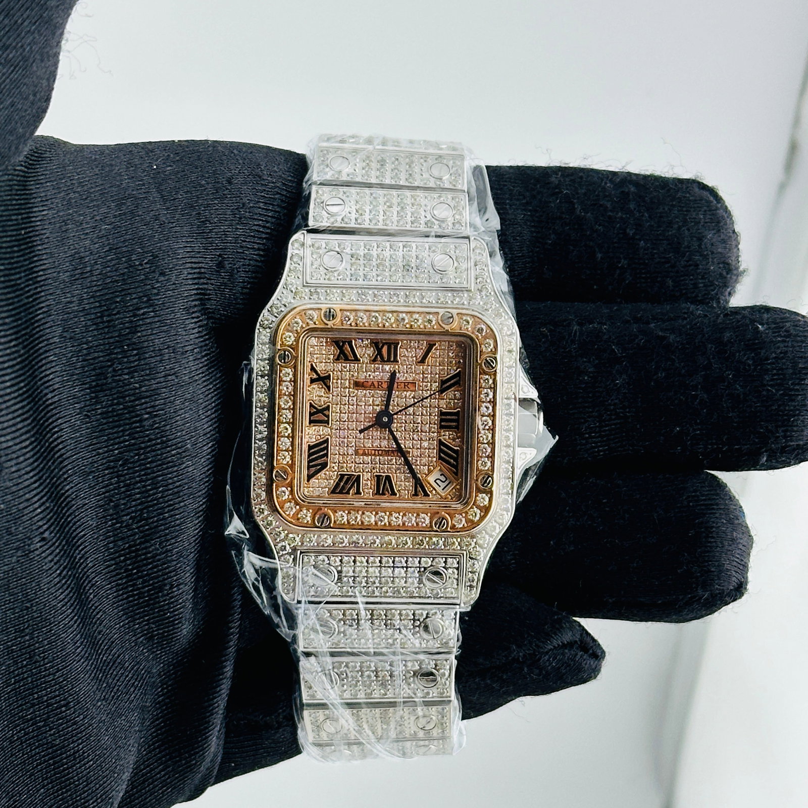 Ladies Santos Galbee XL Reference 2823 Aftermarket Diamond Roman Dial Watch: Ladies Santos Galbee XL Reference 2823 Aftermarket Diamond Roman Dial Watch This Cartier Santos Galbee XL watch features an aftermarket diamond Roman numeral dial, a diamond-set rose gold-plated bezel