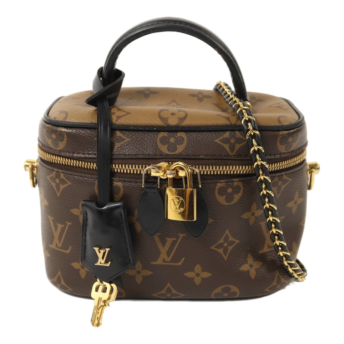 Louis Vuitton Vanity PM Monogram Reverse Chain Shoulder Bag with Gold Hardware: Louis Vuitton Vanity PM Monogram Reverse Chain Shoulder Bag with Gold Hardware This Louis Vuitton Vanity PM Chain Shoulder Bag features the classic Monogram Reverse pattern in brown PVC coated canvas.