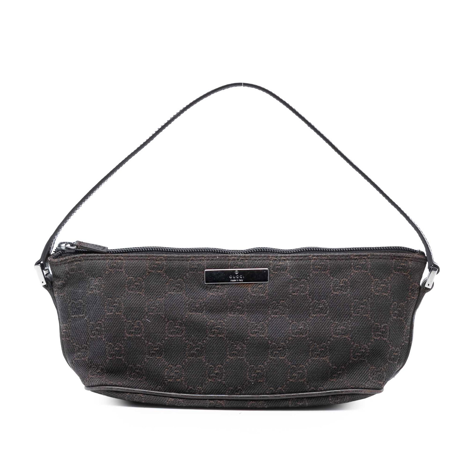 GG Denim Boat Shoulder Bag with Leather Trim by Gucci: GG Denim Boat Shoulder Bag with Leather Trim by Gucci This Gucci GG Denim Boat shoulder bag features a denim body with leather trim, a flat leather strap, and a top zip closure. The bag is brown in co