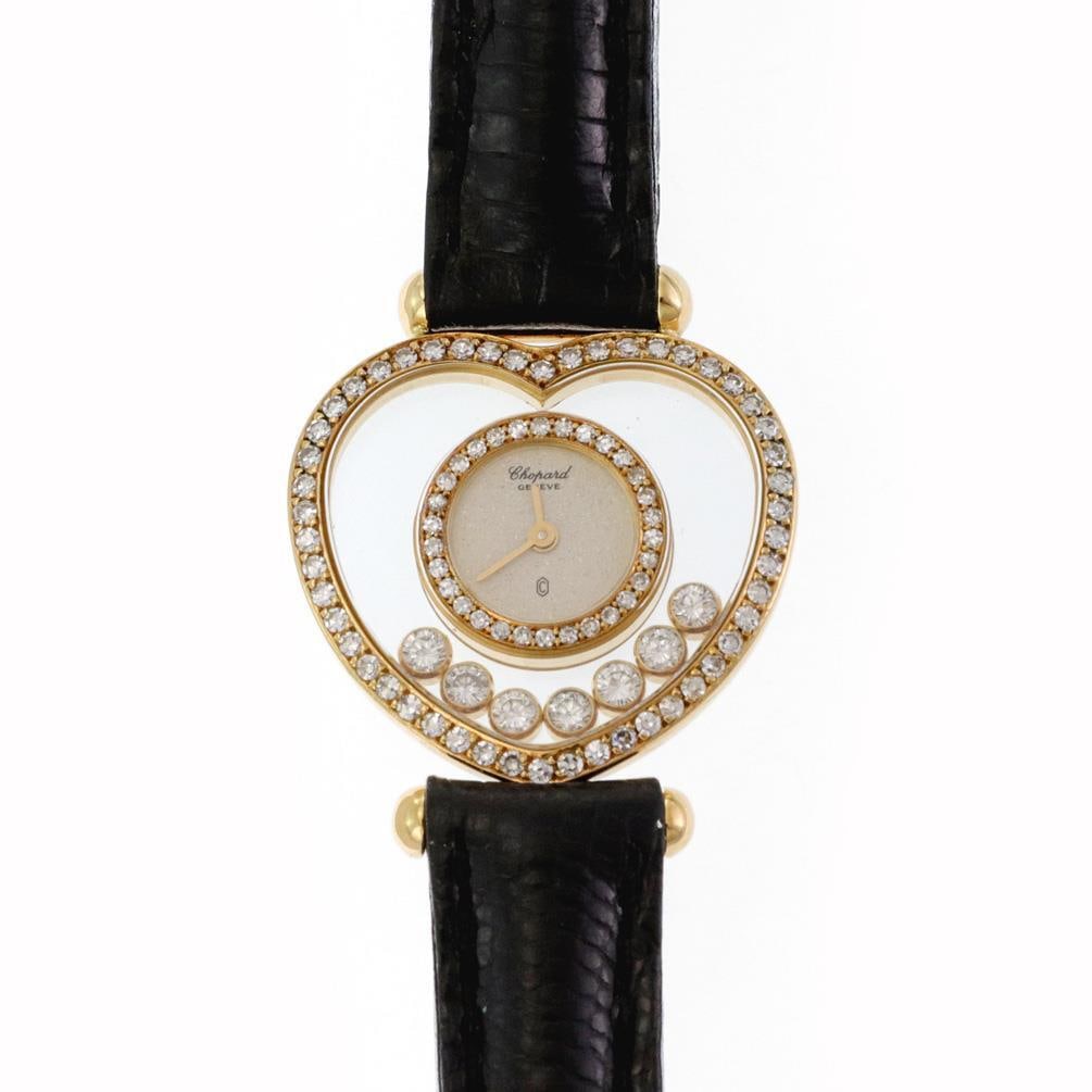 Chopard Happy Diamond Heart 18k Yellow Gold Quartz Watch Model 5191: Chopard Happy Diamond Heart 18k Yellow Gold Quartz Watch Model 5191 Discover elegance with this exquisite Chopard Happy Diamond Heart Bezel ladies' wristwatch, beautifully crafted from 18k yellow gold