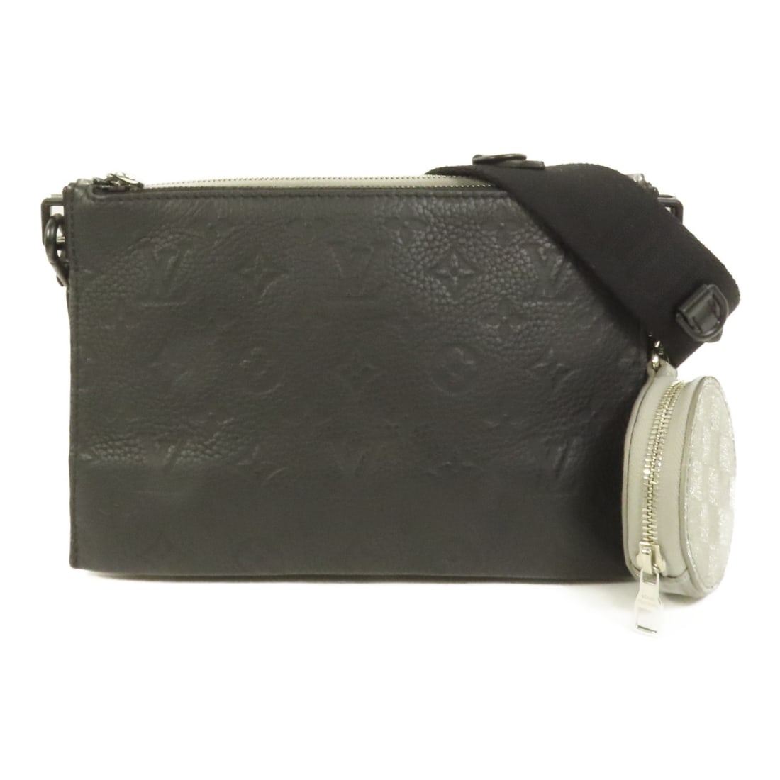 Louis Vuitton Damier Silver Black Trio Leather Shoulder Bag M59682: Louis Vuitton Damier Silver Black Trio Leather Shoulder Bag M59682 This Louis Vuitton Trio pouch shoulder bag features a sleek silver and black exterior crafted from leather. Designed for unisex use,