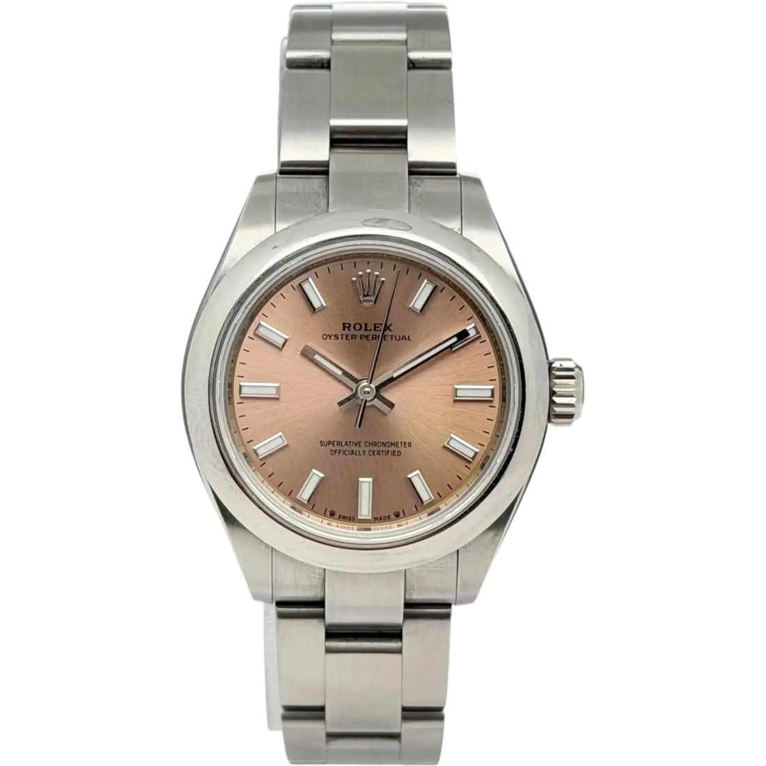 Rolex Oyster Perpetual 28mm Stainless Steel Pink Dial Automatic Wristwatch: Rolex Oyster Perpetual 28mm Stainless Steel Pink Dial Automatic Wristwatch This Rolex Oyster Perpetual wristwatch features a 28mm polished stainless steel case with a smooth fixed bezel, paired with a