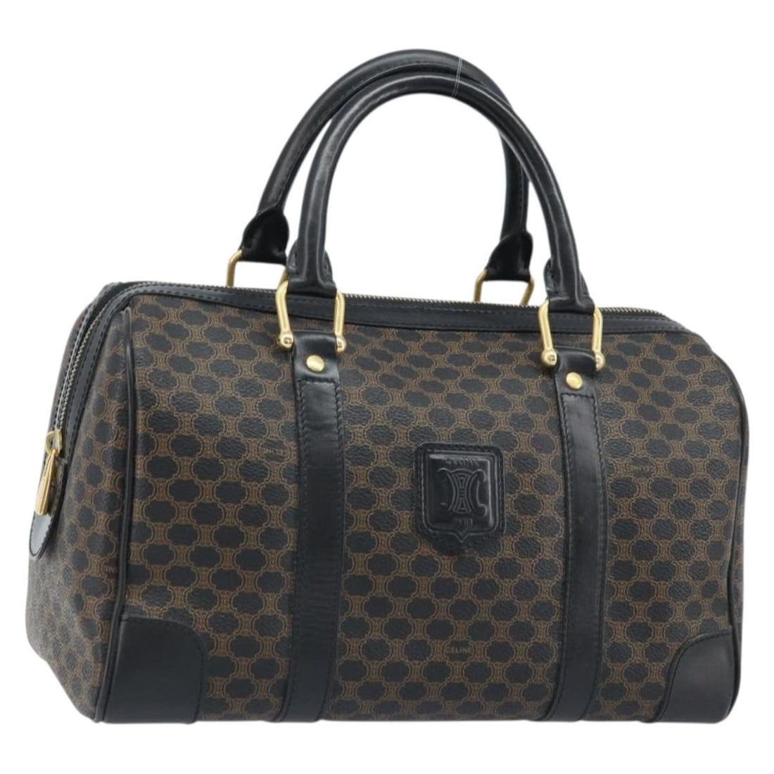 Celine Mini Boston Bag Macadam Canvas Black PVC Leather Gold Accents: Celine Mini Boston Bag Macadam Canvas Black PVC Leather Gold Accents This CELINE Macadam Canvas Mini Boston Bag features a stylish combination of PVC leather and signature Macadam canvas in black and