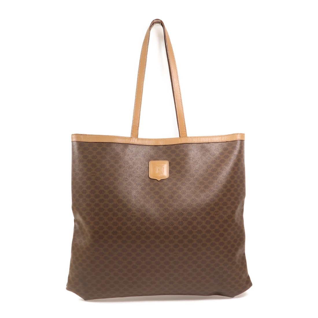 Celine Brown Coated Canvas Tote with Gold Tone Hardware: Celine Brown Coated Canvas Tote with Gold Tone Hardware This CELINE tote bag features a brown PVC coated canvas construction, offering durability and a classic appearance. Designed for men, the bag pr