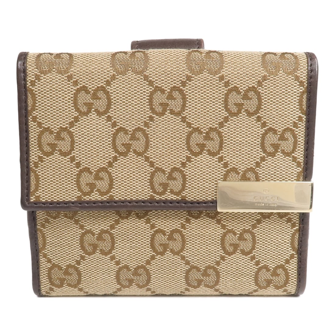 GG Canvas Brown Bi-Fold Wallet by Gucci with Gold Hardware: GG Canvas Brown Bi-Fold Wallet by Gucci with Gold Hardware This GUCCI bi-fold wallet is crafted from GG canvas in a classic brown color. Designed for women, it features a regular size and is made in I