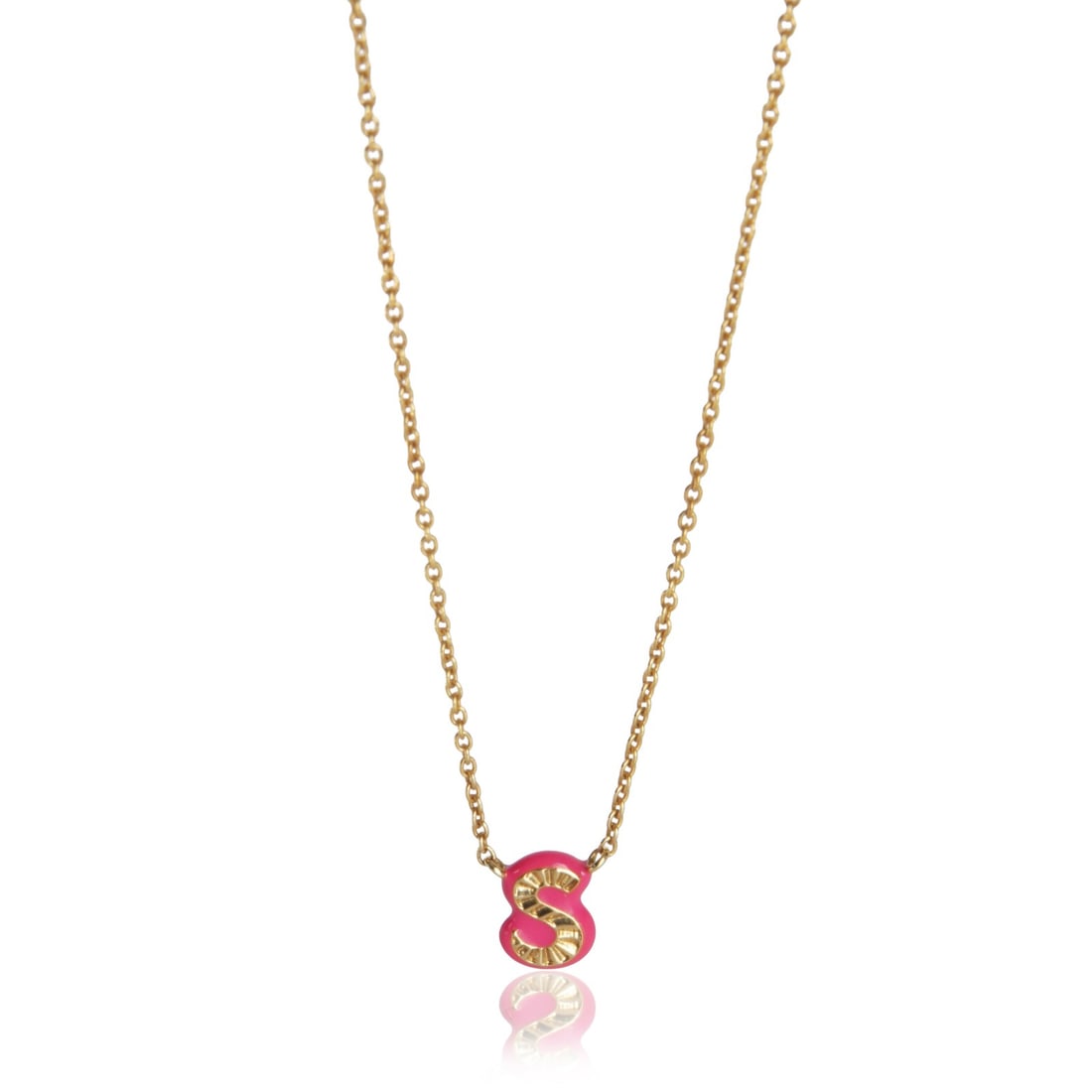 Hot Pink Enamel Mini Initial S Pendant in 14K Yellow Gold: Hot Pink Enamel Mini Initial S Pendant in 14K Yellow Gold This pre-owned women's pendant features a mini initial 'S' design with vibrant hot pink enamel set in 14K yellow gold. The pendant is part of