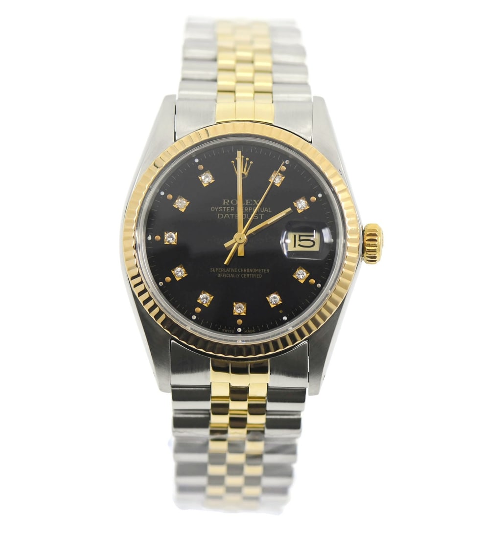 Rolex Datejust 16013 Black Dial Diamond Accent Automatic Watch with Box: Rolex Datejust 16013 Black Dial Diamond Accent Automatic Watch with Box This Rolex Datejust wristwatch features a 36mm stainless steel case with an 18K gold bezel and a black dial accented by diamond