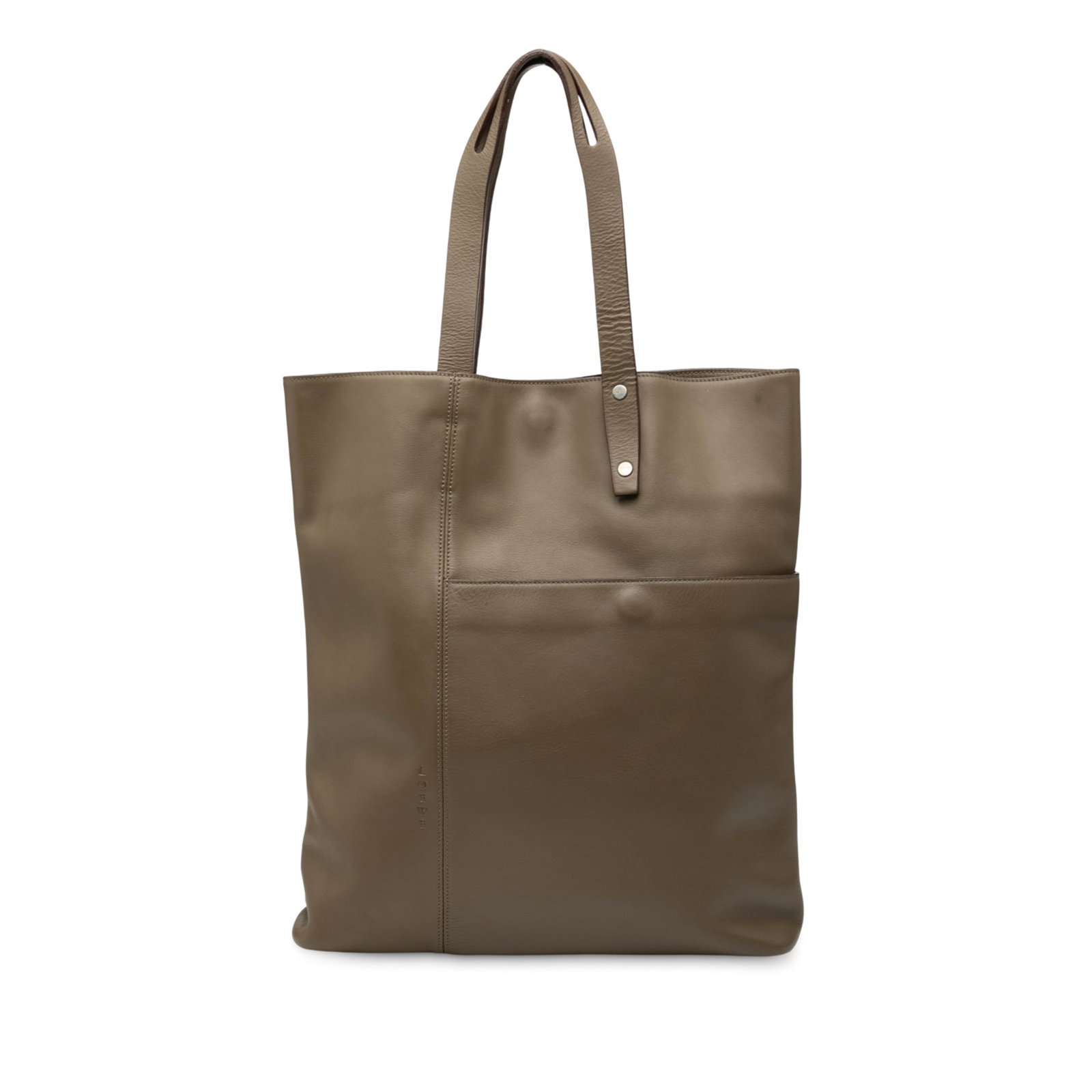 LOEWE Brown Leather Tote with Pouch and Slip Pocket: LOEWE Brown Leather Tote with Pouch and Slip Pocket This LOEWE Leather Tote is a stylish and functional accessory crafted from high-quality leather. It features flat leather top handles, an open top d