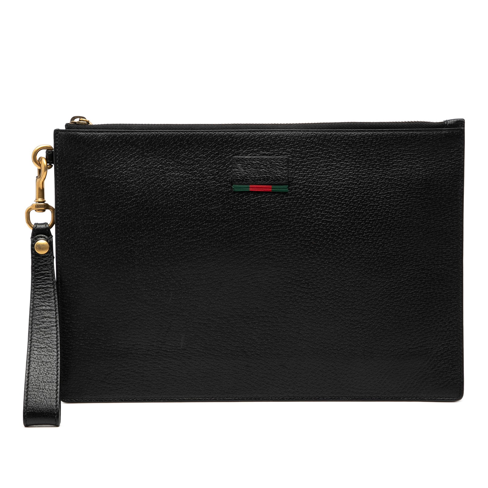 Black Leather Agora Clutch Bag with Detachable Wrist Strap by Gucci: Black Leather Agora Clutch Bag with Detachable Wrist Strap by Gucci This Gucci clutch bag features a black leather body with a detachable flat leather wrist strap, a top zip closure, and interior slip