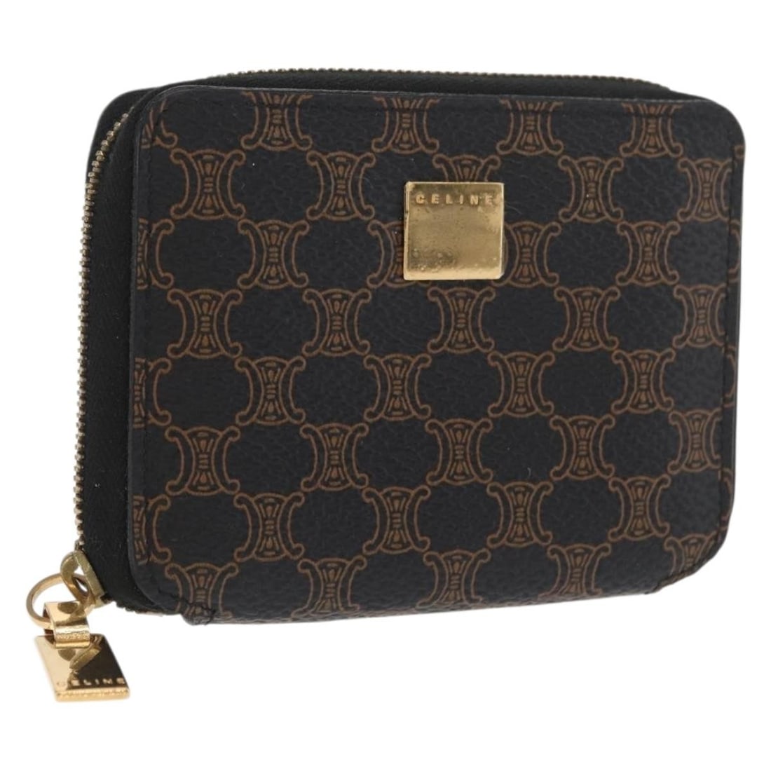 CELINE Macadam Canvas Black Gold PVC Leather Coin Purse: CELINE Macadam Canvas Black Gold PVC Leather Coin Purse This CELINE coin purse features a black and gold Macadam canvas and PVC leather construction. It is compact and designed for convenient coin sto