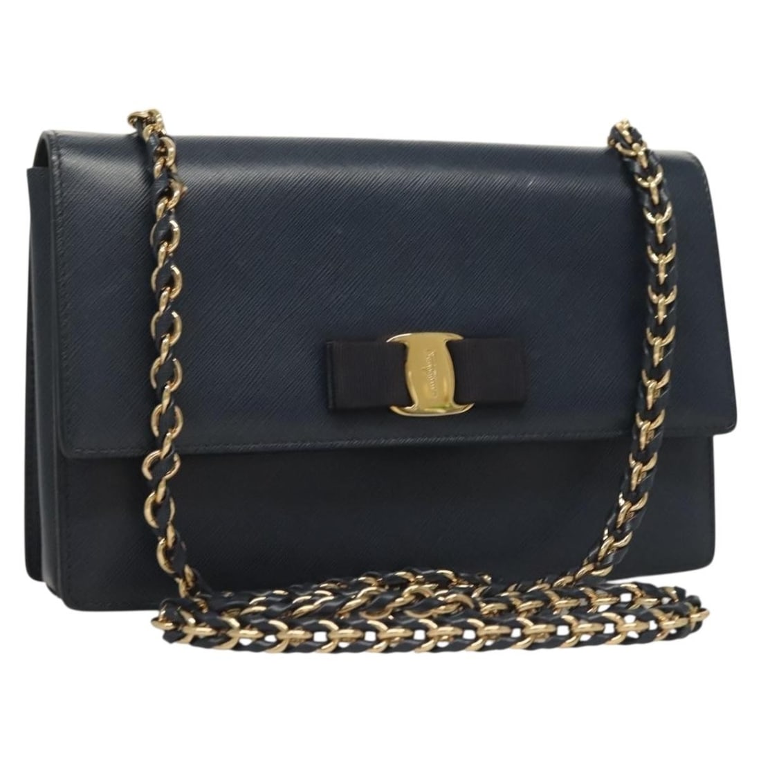 Salvatore Ferragamo Vala Chain Shoulder Bag Navy Gold Leather Auth Italy (1 of 18)