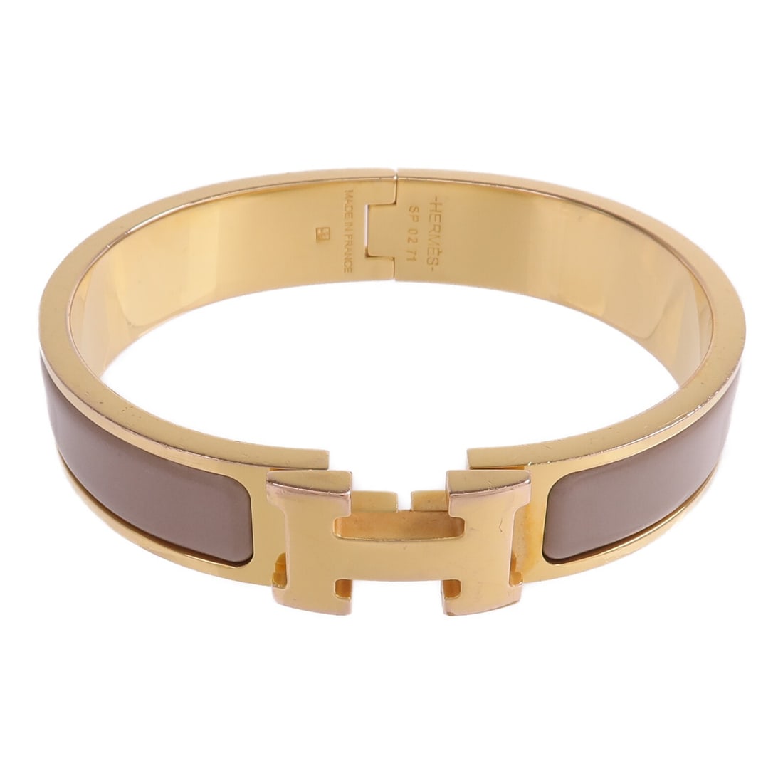 Hermes Clic H Etoupe Gray Enamel Gold Tone Women's Bangle Bracelet: Hermes Clic H Etoupe Gray Enamel Gold Tone Women's Bangle Bracelet This women's Hermes Clic-H bangle bracelet features a gray enamel finish and metal accents in an Etoupe color. The bracelet is design