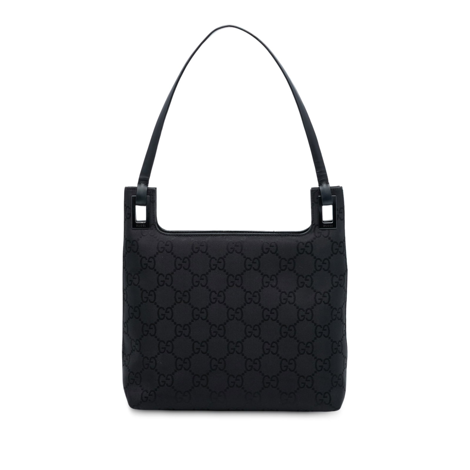 Gucci GG Black Nylon Bag with Flat Leather Strap: Gucci GG Black Nylon Bag with Flat Leather Strap This Gucci GG Nylon Shoulder Bag features a nylon body in black, a flat leather strap, an open top, and an interior zip pocket. The bag shows signs of