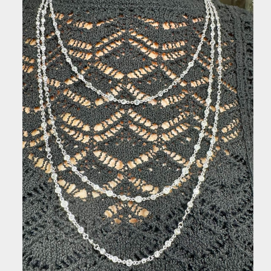 Platinum 82 Inch Diamond by the Yard Necklace 36.50 Ct: Platinum 82 Inch Diamond by the Yard Necklace 36.50 Ct This exquisite Platinum Necklace features a stunning design known as "Diamond by the Yard," showcasing 236 diamonds with a total weight of approx
