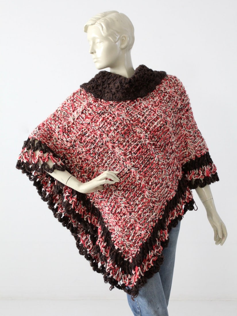 Chic Vintage Asymmetrical Knit Poncho with Fringe Trim (1 of 6)