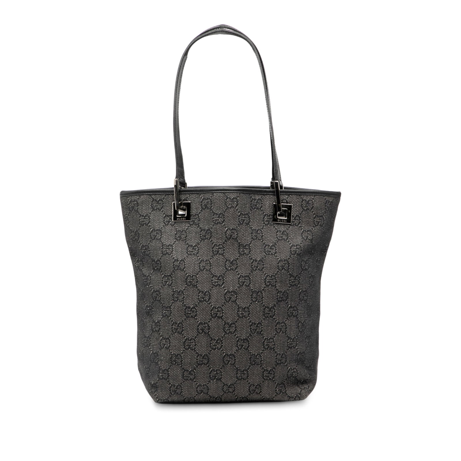 Gucci GG Denim Gray Shoulder Bag with Leather Trim: Gucci GG Denim Gray Shoulder Bag with Leather Trim This Gucci GG Denim Shoulder Bag features a denim body with leather trim, flat leather straps, an open top, and an interior zip pocket. The bag is gr