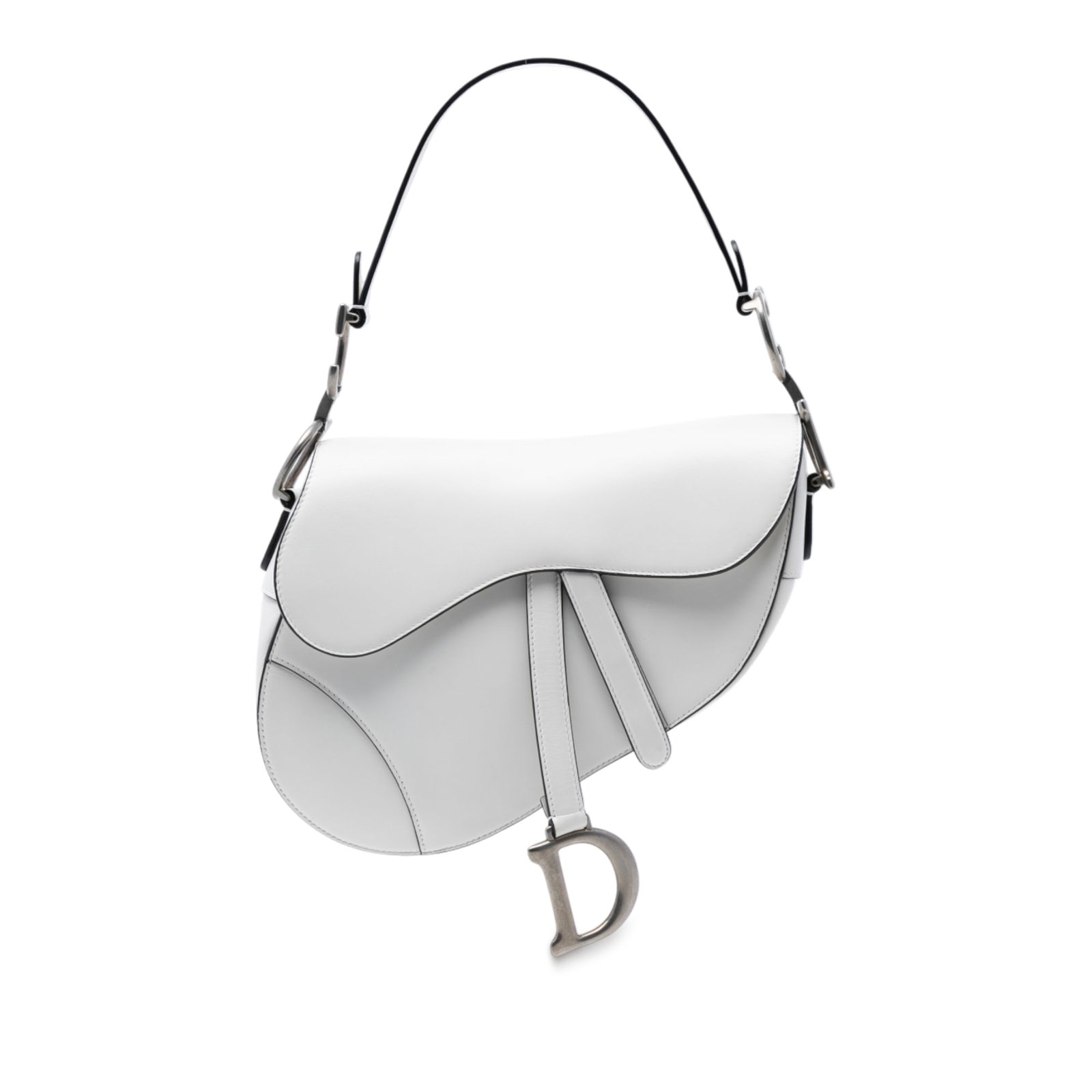 White Leather Saddle Shoulder Bag by Dior: White Leather Saddle Shoulder Bag by Dior This Dior Saddle bag is crafted from smooth calfskin leather in white and features a distinctive silhouette with a front flap and magnetic closure. The design
