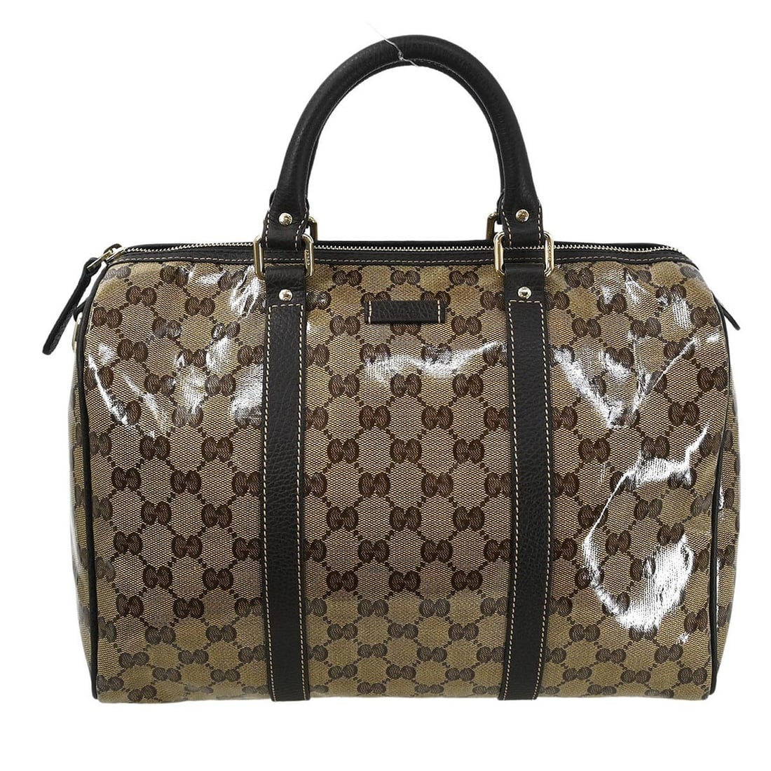Gucci Brown GG Crystal Duffle Handbag 265697 493075 Gold Accents: Gucci Brown GG Crystal Duffle Handbag 265697 493075 Gold Accents Elevate your casual outings with this Gucci Brown GG Crystal Duffle Handbag. Crafted from durable coated canvas, this medium-sized duff