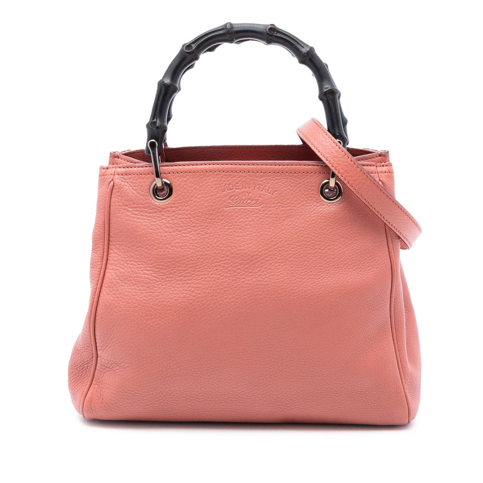 Pink Leather Satchel with Bamboo Handles by Gucci Small Calfskin: Pink Leather Satchel with Bamboo Handles by Gucci Small Calfskin This Gucci Small Calfskin Bamboo Shopper Satchel features a pink leather body with distinctive bamboo top handles. It includes a detach