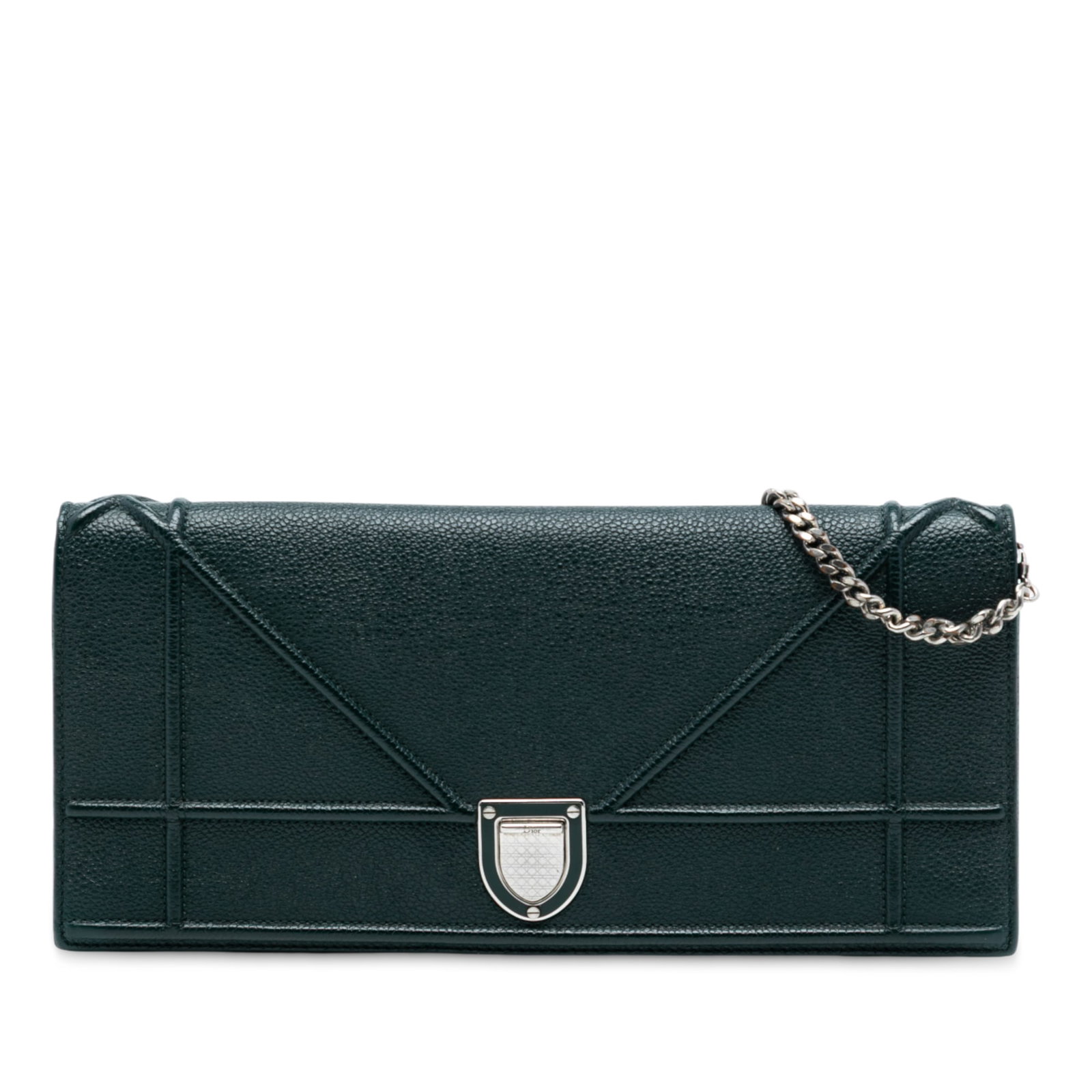 Dior Grained Calfskin Diorama Pochette Green Clutch with Chain Strap: Dior Grained Calfskin Diorama Pochette Green Clutch with Chain Strap This Dior Grained Calfskin Diorama Pochette Clutch features a textured leather body in green, a chain link strap, a front flap with