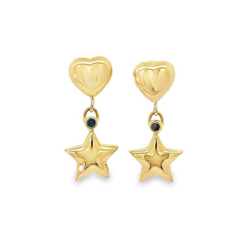 18K Yellow Gold Heart Star Dangle Earrings with Blue Sapphires: 18K Yellow Gold Heart Star Dangle Earrings with Blue Sapphires Elevate your elegance with these stunning 18K Yellow Gold Polished Heart & Puffed Star Drop Dangle Earrings, featuring natural sapphire g