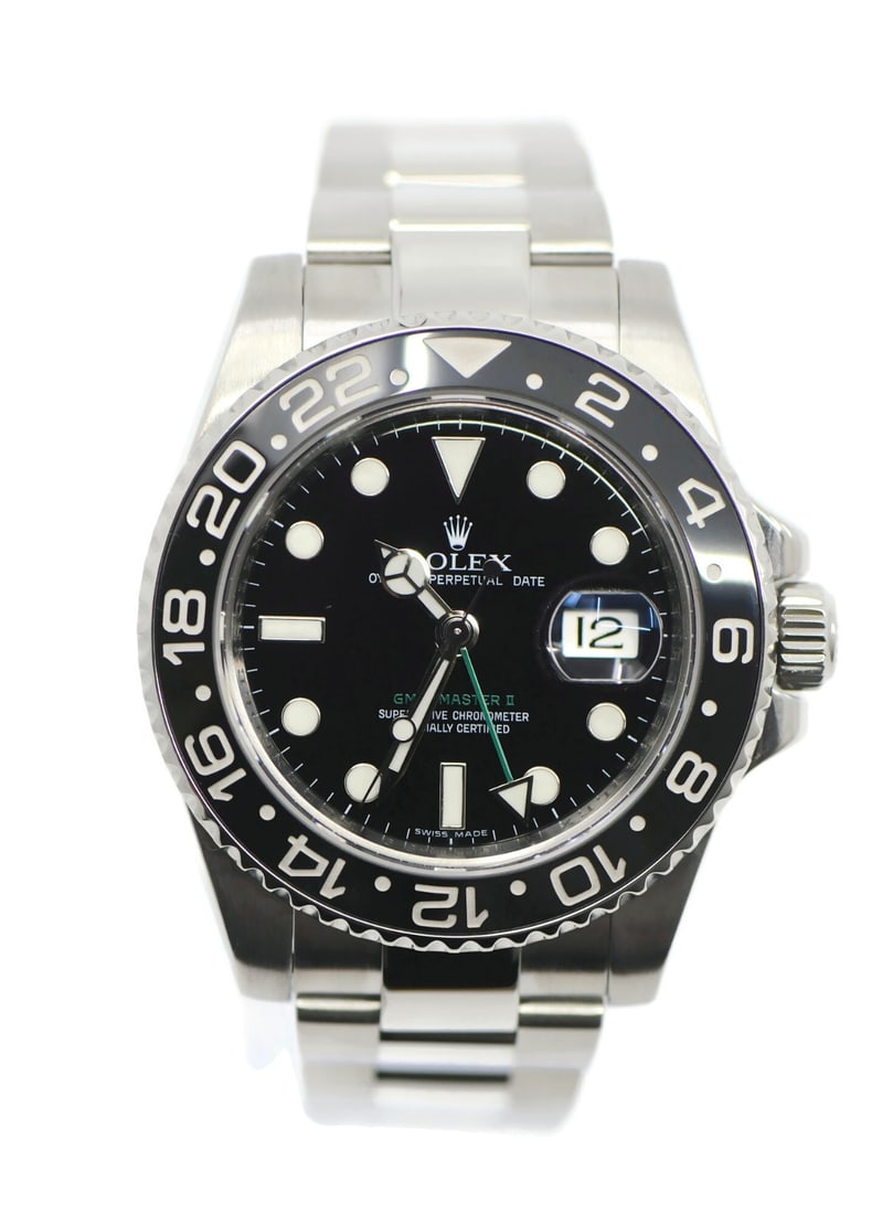 GMT-Master II 116710LN Automatic Stainless Steel Rolex Wristwatch with Box: GMT-Master II 116710LN Automatic Stainless Steel Rolex Wristwatch with Box This Rolex GMT-Master II wristwatch features a 40 mm stainless steel case and band, paired with a black analog dial. The watc