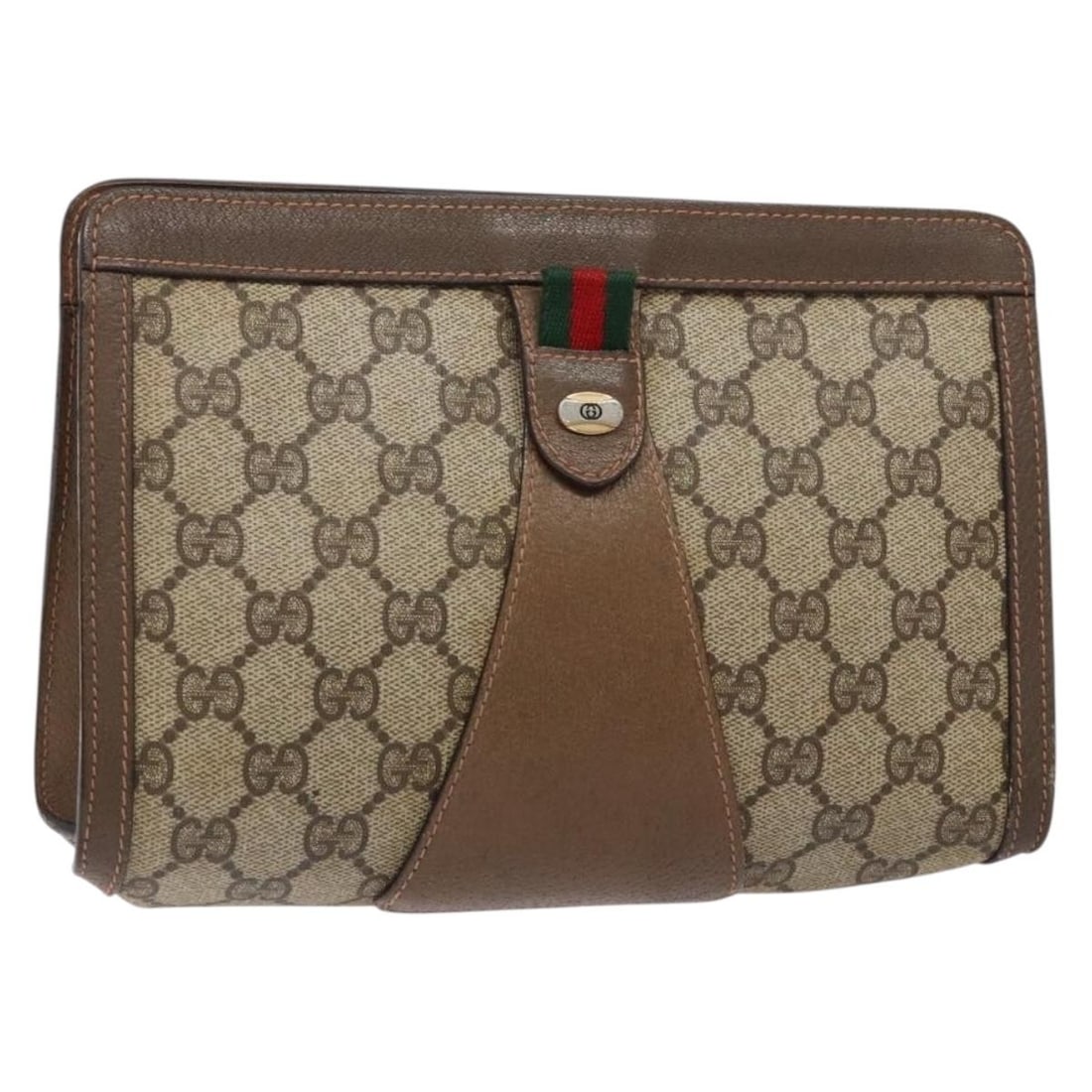 GUCCI GG Supreme Web Sherry Line Clutch Bag Beige PVC Auth 89 01 032: GUCCI GG Supreme Web Sherry Line Clutch Bag Beige PVC Auth 89 01 032 This GUCCI GG Supreme Web Sherry Line Clutch Bag showcases a stylish beige exterior crafted from durable PVC leather. The elegant d