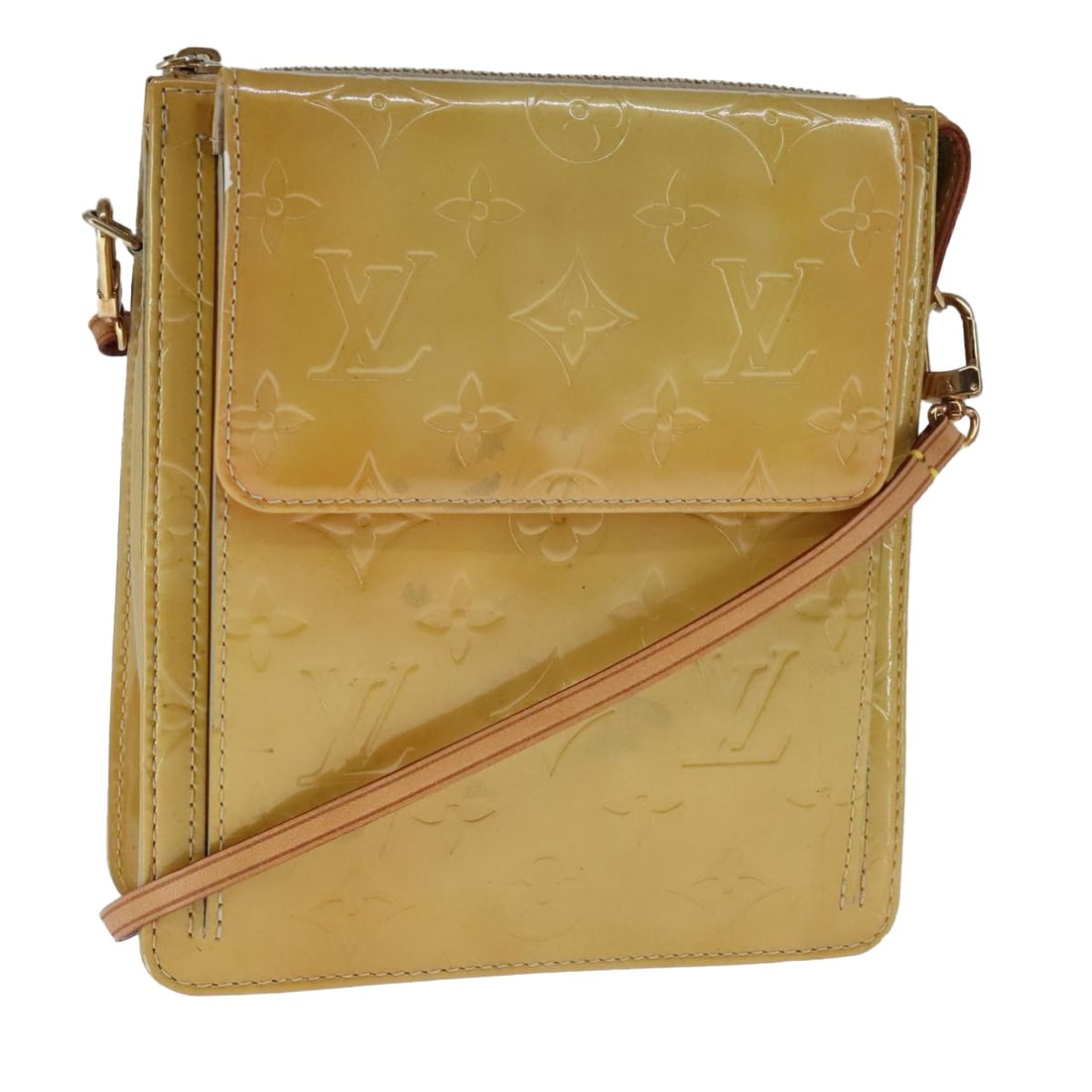 Louis Vuitton Vernis Motto Beige Patent Leather Pouch with Strap M91136: Louis Vuitton Vernis Motto Beige Patent Leather Pouch with Strap M91136 This Louis Vuitton Monogram Vernis Motto accessory pouch in beige patent leather features a classic and compact design. The pouc