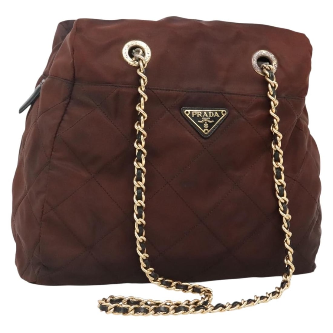Brown Nylon PRADA Shoulder Bag with Chain Strap and Gold Accents: Brown Nylon PRADA Shoulder Bag with Chain Strap and Gold Accents This PRADA chain shoulder bag features a brown and gold nylon exterior with gold-tone accents. Made in Italy, the bag offers a spacious