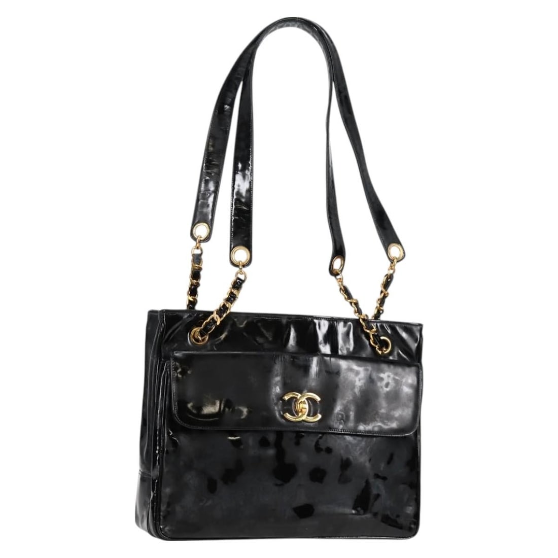 Chanel Black Patent Leather Chain Tote with Gold CC Hardware: Chanel Black Patent Leather Chain Tote with Gold CC Hardware This CHANEL chain tote bag features black and gold patent leather with gold-tone CC accents. Designed for women, it offers a spacious inter