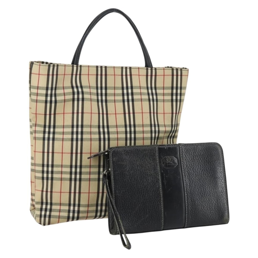 Burberry Nova Check Tote Bag Leather Canvas Black Beige Auth (1 of 16)