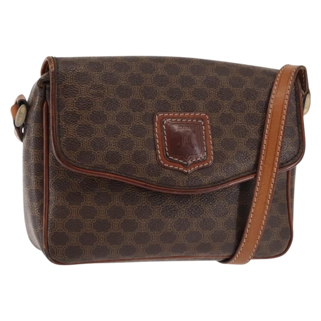 CELINE Macadam Canvas Shoulder Bag PVC Leather Brown Gold Made in Italy: CELINE Macadam Canvas Shoulder Bag PVC Leather Brown Gold Made in Italy Introducing the Celine Macadam Canvas Shoulder Bag, a stylish accessory crafted from durable PVC leather in a rich brown and gol